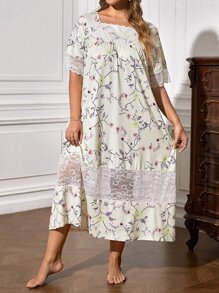 Plus Floral Print Contrast Lace Nightdress - Apricot - View 3
