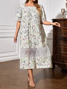 Plus Floral Print Contrast Lace Nightdress - Apricot - View 4