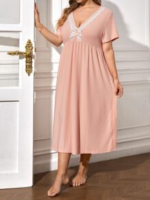 Plus Contrast Lace Bow Front Nightdress - Baby Pink - View 1