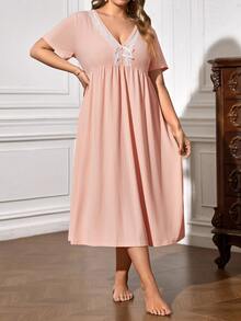 Plus Contrast Lace Bow Front Nightdress - Baby Pink - View 3