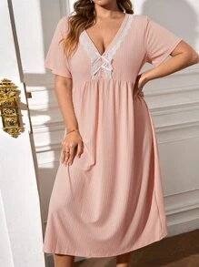 Plus Contrast Lace Bow Front Nightdress - Baby Pink - View 5
