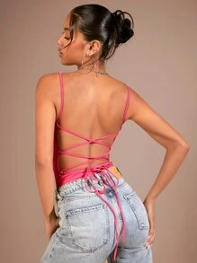 SHEIN BAE Lace Up Backless Cami Top - Hot Pink - View 5