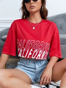 SHEIN EZwear 字母圖案落肩袖短款T恤 - 紅色 - 查看 1