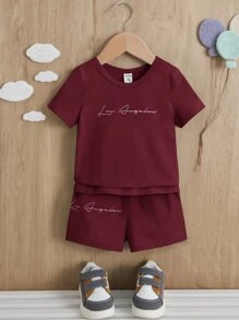 SHEIN Leap Crew 嬰兒男童字母印花t恤和短褲套裝,適用於休閒夏季服裝 - 酒紅色 - 查看 5