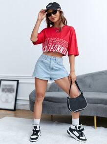 SHEIN EZwear 字母圖案落肩袖短款T恤 - 紅色 - 查看 3