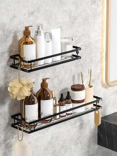 1pc Iron Storage Rack, Black Punch-Free Wall Mounted Corner Storage Rack For Bathroom