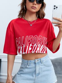 SHEIN EZwear 字母圖案落肩袖短款T恤 - 紅色 - 查看 4