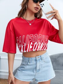 SHEIN EZwear 字母圖案落肩袖短款T恤 - 紅色 - 查看 5
