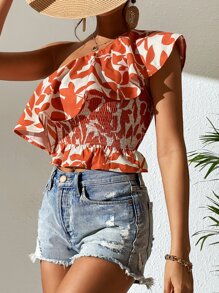 SHEIN VCAY Áo sơ mi nữ Xù Dải chun Tất cả trên in Thực vật Boho - trắng - Xem 4