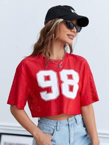 SHEIN EZwear Camiseta crop con estampado de número de hombros caídos - Rojo - Ver 5