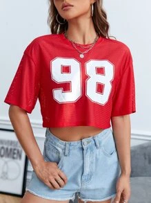 SHEIN EZwear Camiseta crop con estampado de número de hombros caídos - Rojo - Ver 6