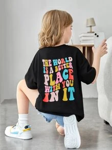 SHEIN Girls Slogan Graphic Drop Shoulder Tee - Black - View 1