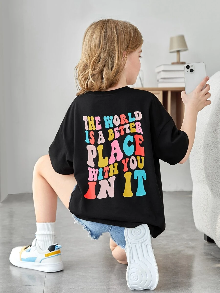 SHEIN Girls Slogan Graphic Drop Shoulder Tee - Black - View 1