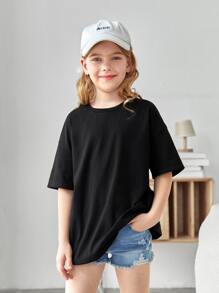 SHEIN Girls Slogan Graphic Drop Shoulder Tee - Black - View 2