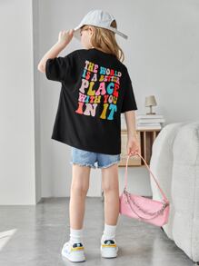 SHEIN Girls Slogan Graphic Drop Shoulder Tee - Black - View 3