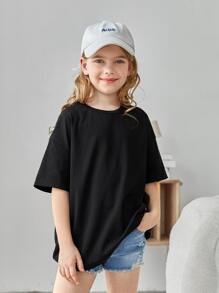 SHEIN Girls Slogan Graphic Drop Shoulder Tee - Black - View 4