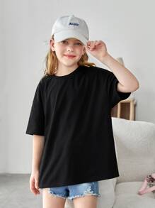 SHEIN Girls Slogan Graphic Drop Shoulder Tee - Black - View 5