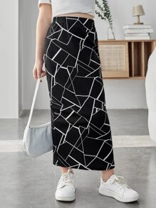 SHEIN Girls Geo Print Split Back Skirt - Black - View 1