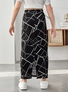 SHEIN Girls Geo Print Split Back Skirt - Black - View 2