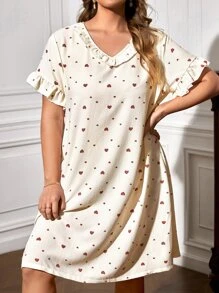 大碼愛心圖案荷葉邊荷葉袖睡裙