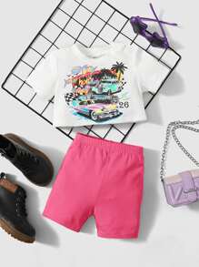 SHEIN Baby Car & Slogan Graphic Tee & Shorts - Hot Pink - View 1