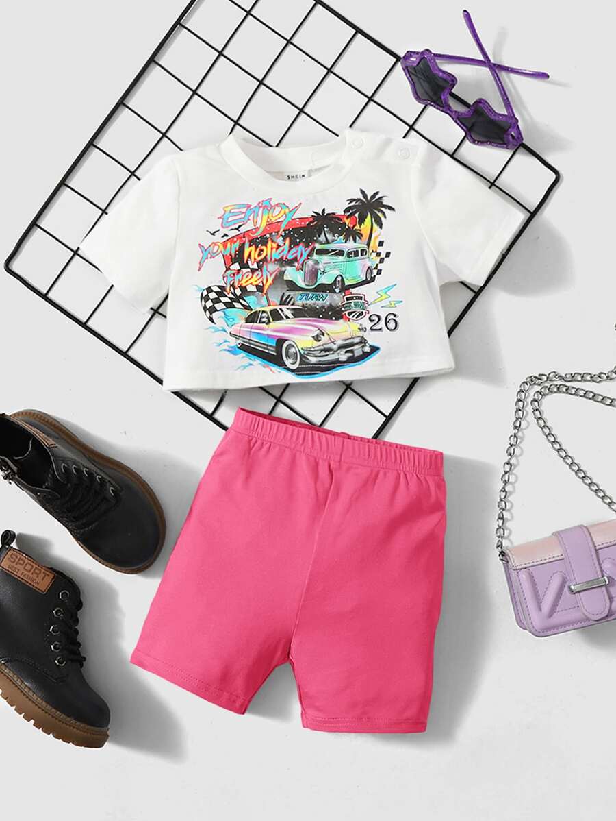 SHEIN Baby Car & Slogan Graphic Tee & Shorts - Hot Pink - View 1