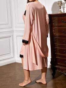 Plus Contrast Lace Belted Robe Without Lingerie Set - Pink - View 2