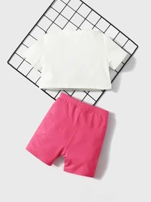 SHEIN Baby Car & Slogan Graphic Tee & Shorts - Hot Pink - View 2