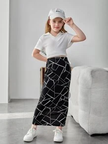 SHEIN Girls Geo Print Split Back Skirt - Black - View 4