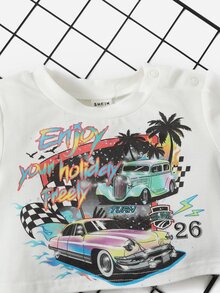 SHEIN Baby Car & Slogan Graphic Tee & Shorts - Hot Pink - View 3