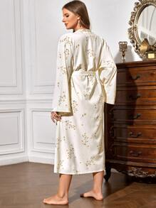 Plus Floral Print Belted Robe - Apricot - View 2