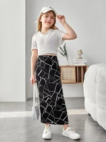 SHEIN Girls Geo Print Split Back Skirt - Black - View 5
