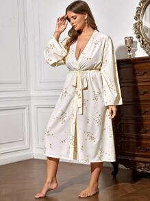 Plus Floral Print Belted Robe - Apricot - View 5