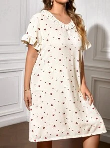 大碼愛心圖案荷葉邊荷葉袖睡裙