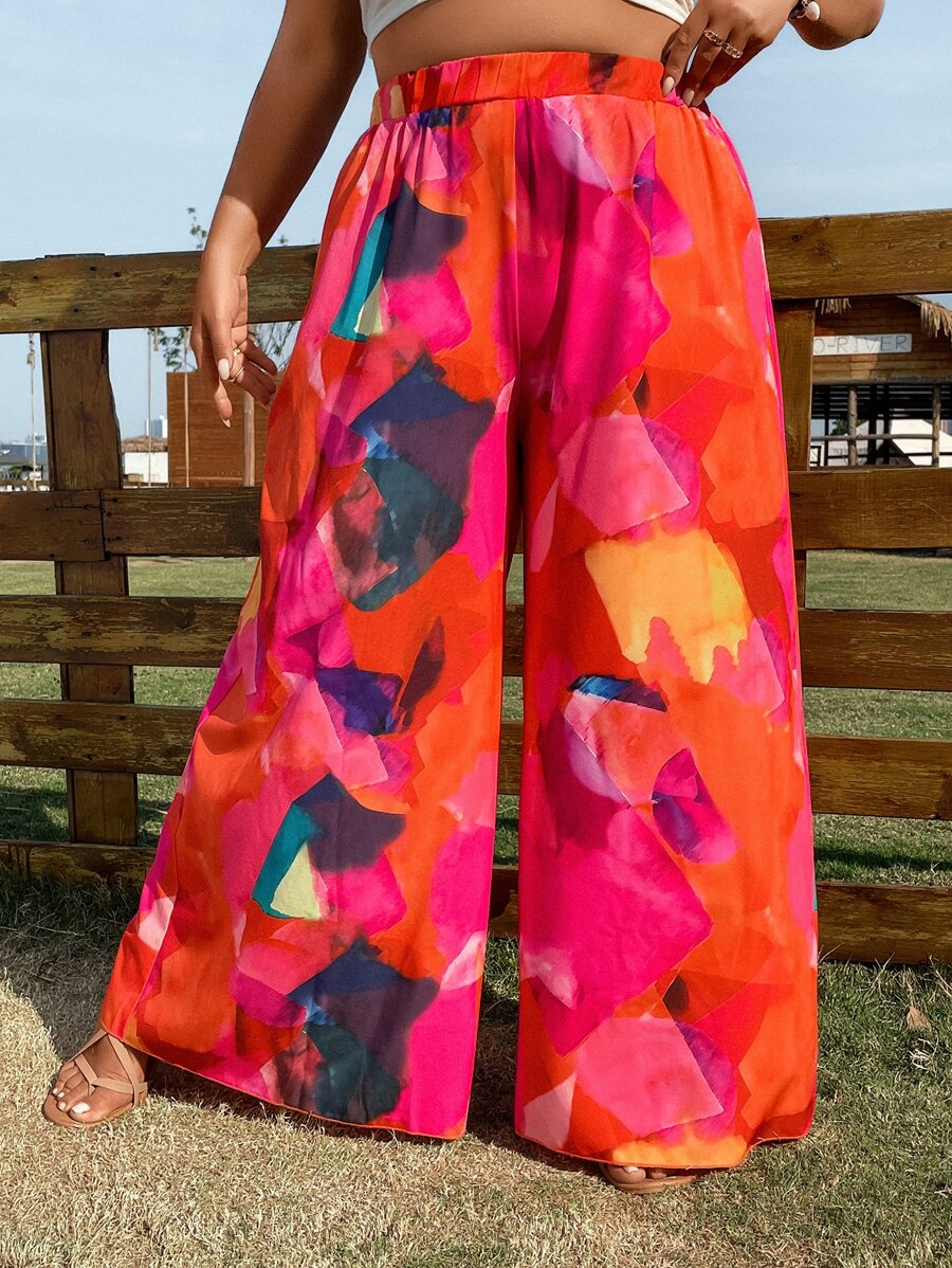 SHEIN Holidaya Plus Allover Print Wide Leg Trousers - Multicolor - View 1