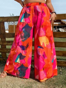 SHEIN Holidaya Plus Allover Print Wide Leg Trousers - Multicolor - View 3