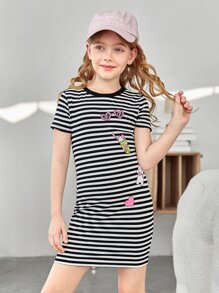 SHEIN Girls Striped & Cartoon Graphic Dress - Black and White - View 1