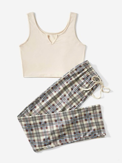 Pyjama Set mit Plaid eingekerbtem Kragen,