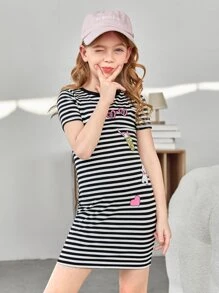 SHEIN Girls Striped & Cartoon Graphic Dress - Black and White - View 4