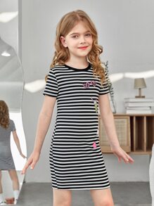 SHEIN Girls Striped & Cartoon Graphic Dress - Black and White - View 6