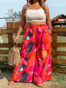 SHEIN Holidaya Plus Allover Print Wide Leg Trousers - Multicolor - View 7