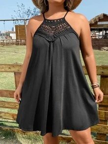 SHEIN Holidaya Vestido con encaje en contraste de cuello halter - Negro - Ver 5