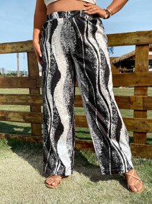 SHEIN LUNE Plus High Waist Striped Wide Leg Trousers - Black and White - View 1