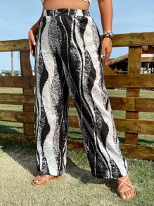 SHEIN LUNE Plus High Waist Striped Wide Leg Trousers - Black and White - View 3