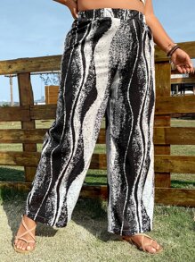 SHEIN LUNE Plus High Waist Striped Wide Leg Trousers - Black and White - View 4