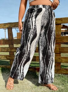 SHEIN LUNE Plus High Waist Striped Wide Leg Trousers - Black and White - View 5