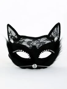 1 件热销网络名人猫性感蕾丝猫耳面具，化妆舞会服装配饰万圣节情人节 - 黑色 - 查看 1