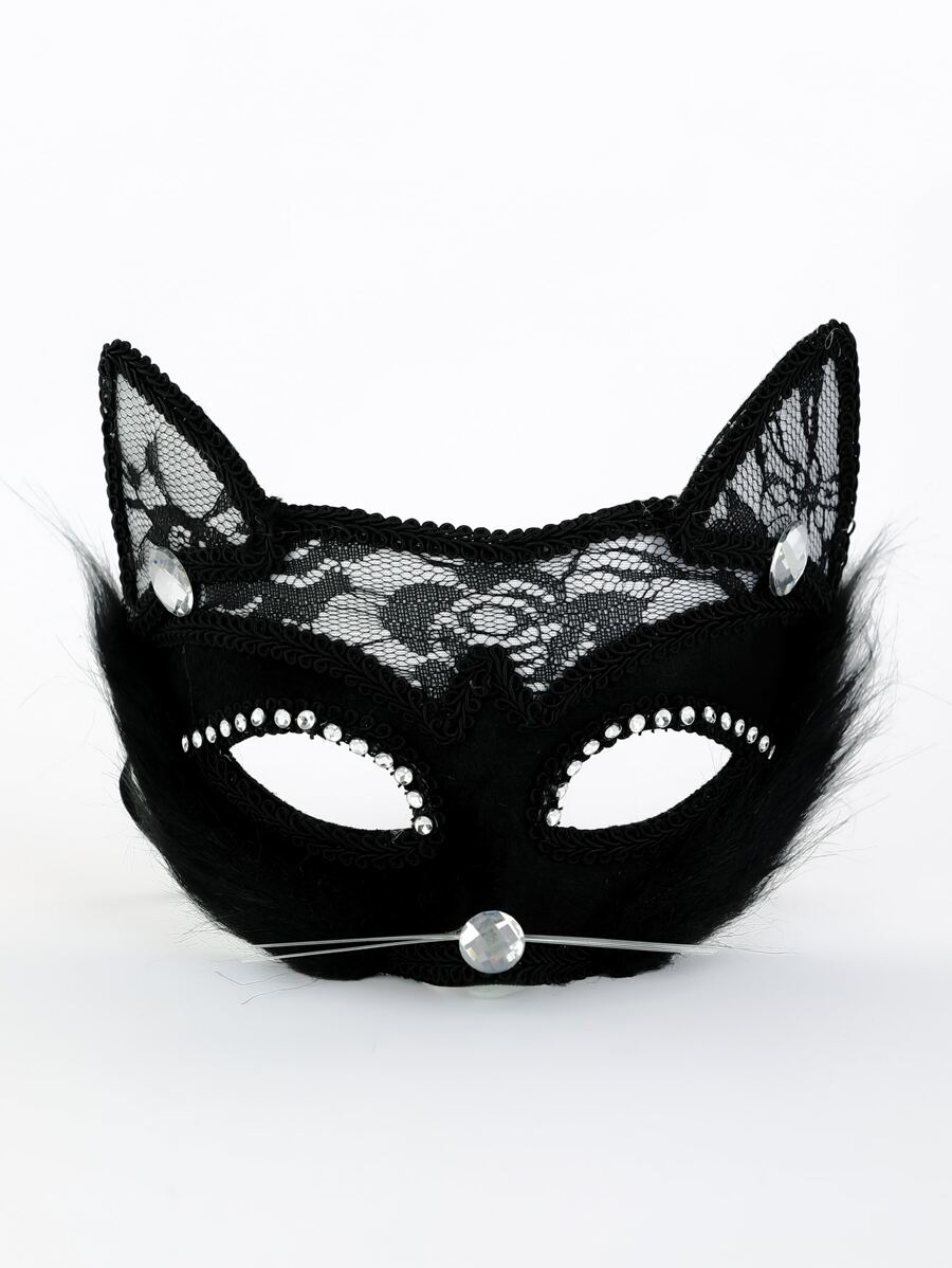 1 件热销网络名人猫性感蕾丝猫耳面具，化妆舞会服装配饰万圣节情人节 - 黑色 - 查看 1