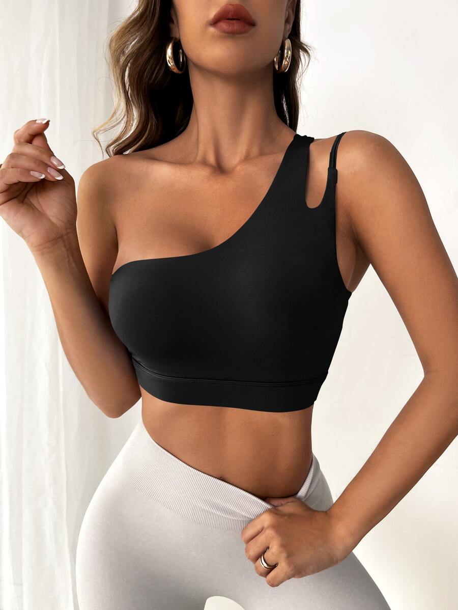 Easithlete One Shoulder Cut Out Sports Bra - Black - View 1