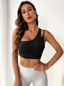 Easithlete One Shoulder Cut Out Sports Bra - Black - View 4